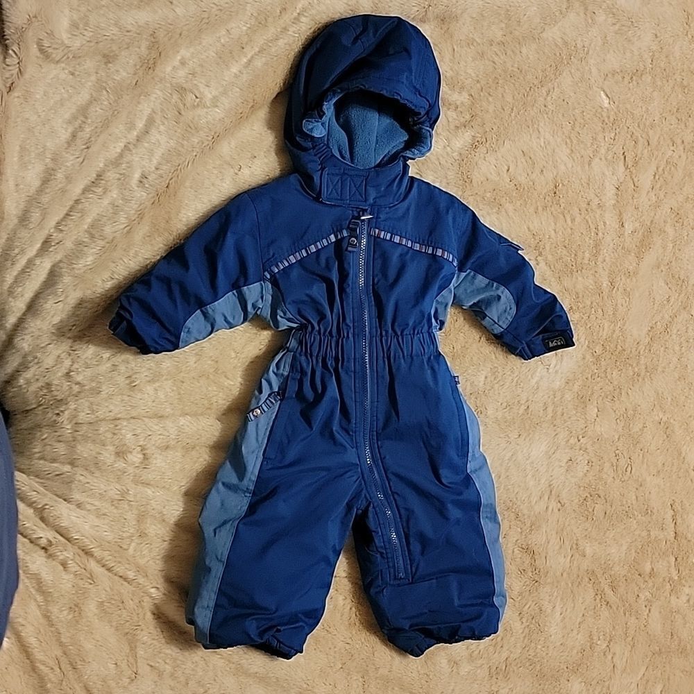 REI TIMBER MOUNTAIN BLUE HOODED SNOWSUIT, SIZE 12 MONTHS